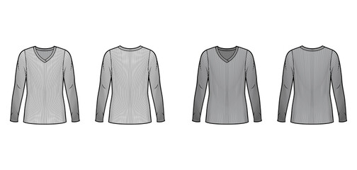 Ribbed V-neck knit sweater technical fashion illustration with long sleeves, oversized body, tunic length. Flat outwear apparel template front back white grey color. Women men unisex shirt top CAD