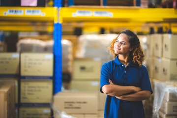 The warehouse manager look up to the store supply and package in the freight industrial factory with smile and successful