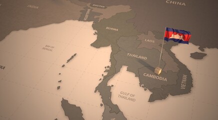 Flag on the map of cambodia.
Vintage Map and Flag of  South Asia Countries Series 3D Rendering