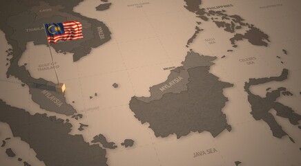 Flag on the map of malaysia.
Vintage Map and Flag of  South Asia Countries Series 3D Rendering