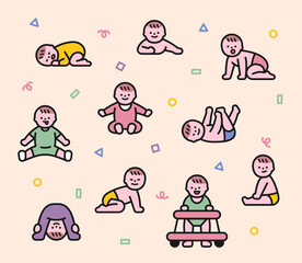 Newborn baby character in various poses. flat design style minimal vector illustration.