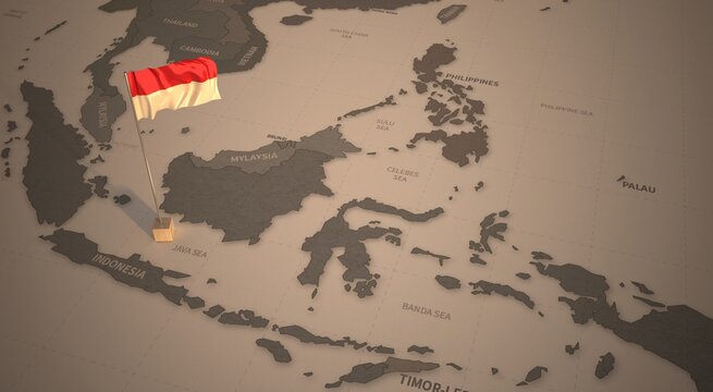 Flag on the map of indonesia.
Vintage Map and Flag of  South Asia Countries Series 3D Rendering