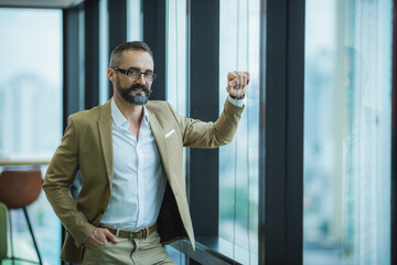 Fototapeta premium portrait of bearded gentleman wearing trendy suit, moustache businessman