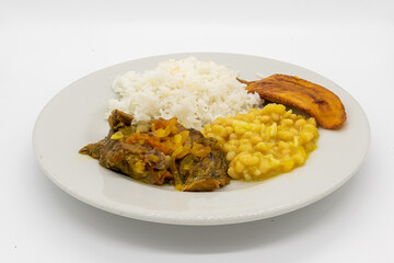 beef stew with white beans, rice and plantain