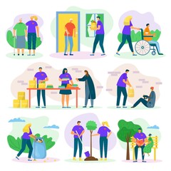 Volunteers help and charity set with people care, helping seniours, invalids and poor, social support flat isolated vector illustrations set. Volunteering in community, donation and voluntary.