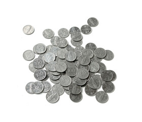 100 won Korean coins  isolated on white background. top view