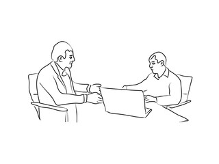Men, hand drawing sketch. Business negotiations in modern style. Business people meeting. Work meeting, business negotiation, conference. Successful business team.