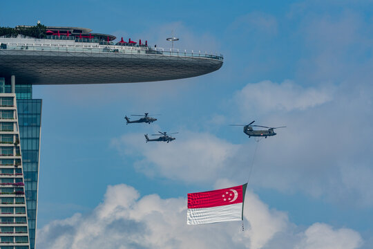 Singapore - July 2020:  State Flag flypast by RSAF helicopters for NDP at Singapore.