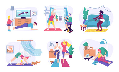 Sport exercises at home, isolated vector illustration set. Male and female character exercising fitness workout and yoga at home. Sport healthy lifestyle, activity concept with fit exerciser training.