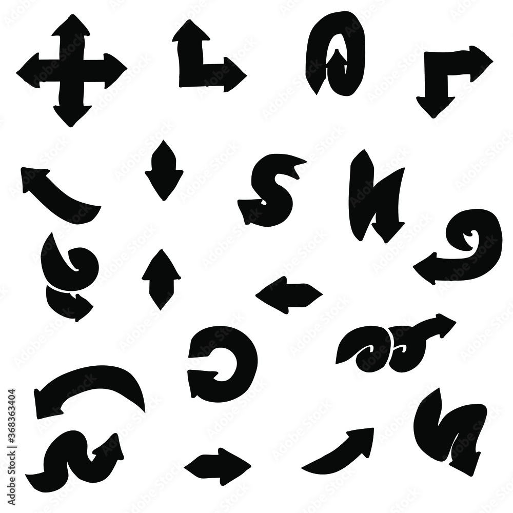 Poster abstract set black collection hand drawn different arrows elements vector design sketch style doodle