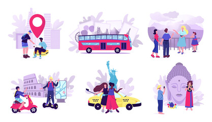 Tourists people travel on vacations set of vector illustration. Traveling people and sights, tourists attractions, watching map, making selfie, visiting and photographing sight, tourism excursion.