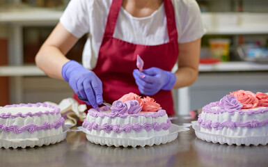 The process of decorating cakes in a pastry shop. A pastry chef makes flowers out of cream.