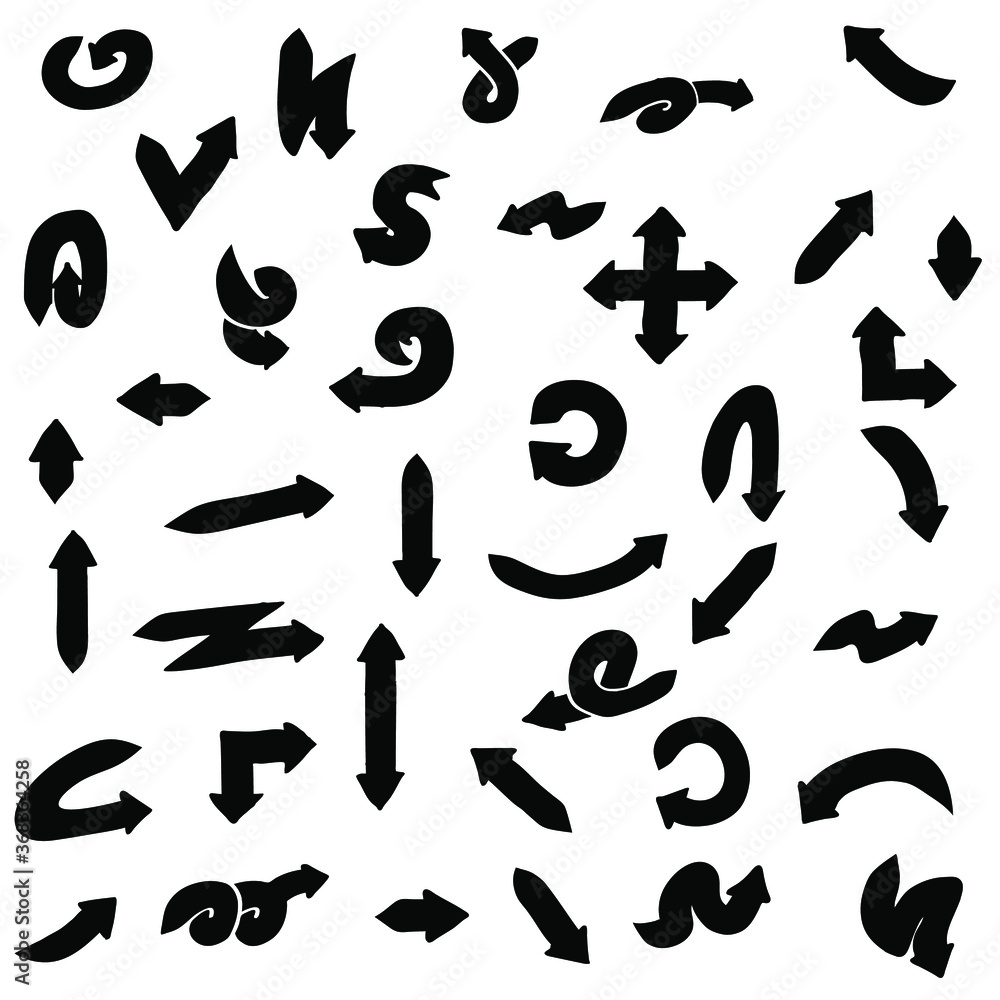 Poster abstract set black collection hand drawn different arrows elements vector design sketch style doodle