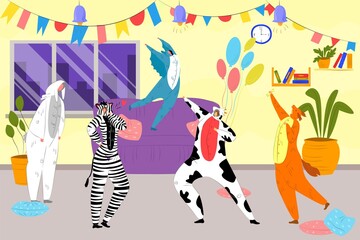 Animal party with costumes, boys and girls dance in animal costumes for the masquerade vector illustration. Zebra, rabbit, bear for birthday, hallowen or christmas party, funny carnival.