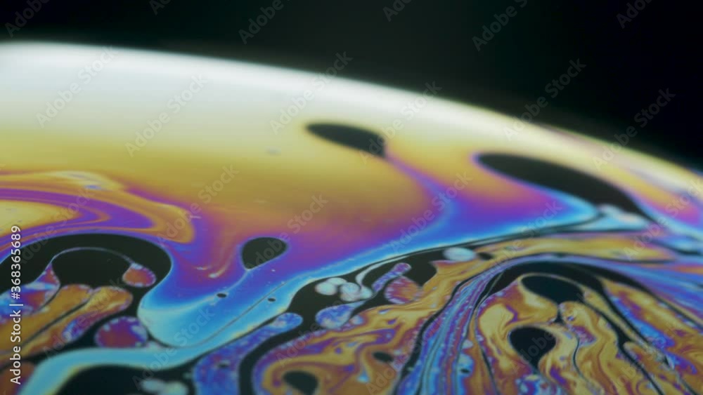 Poster fluid dynamics and light refraction diffraction in soap bubble surface close up