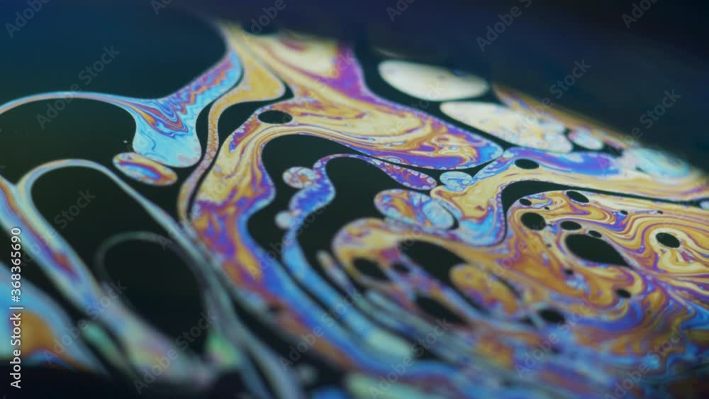 Poster fluid dynamics and light refraction diffraction in soap bubble surface close up