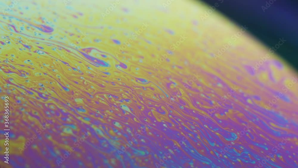 Poster fluid dynamics and light refraction diffraction in soap bubble surface close up