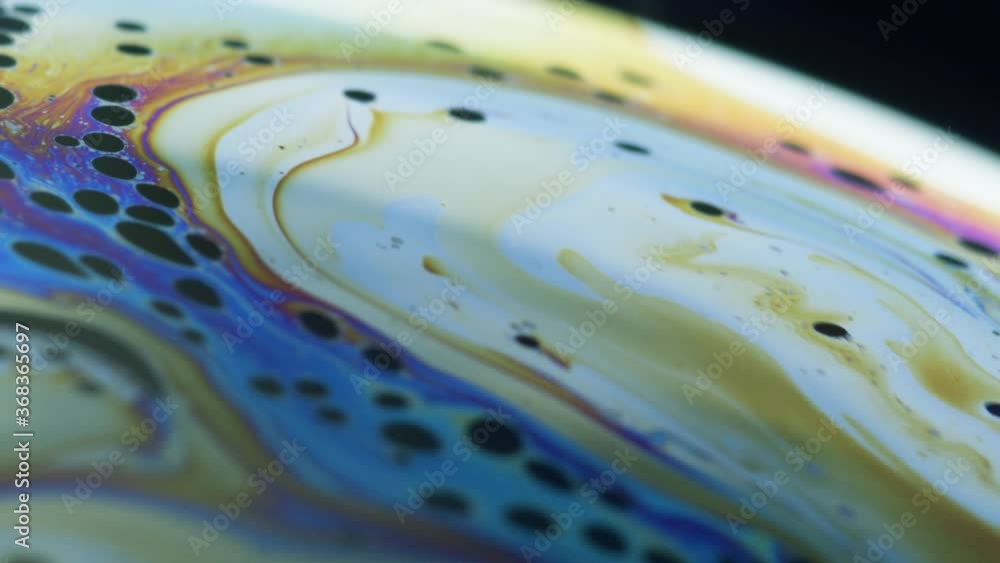 Poster fluid dynamics and light refraction diffraction in soap bubble surface close up