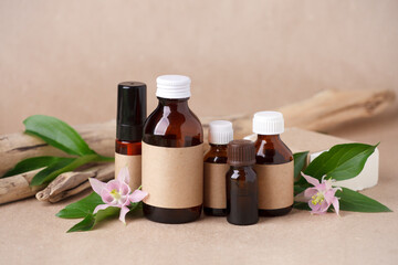 Natural organic cosmetic skincare packaging mock up with leaves and flowers, Eco-friendly bio science beauty concept. Bottle for branding and label, wellbeing self-care focuse