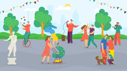 Fototapeta premium City street festival, summer fest, park fair for family with musicians, clowns and decoration, happy people crowd walking, dancing vector illustration. Festive city with carnival show.