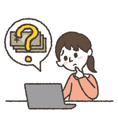 パソコンでお金を得る方法がわからない若い女性のイラスト Wall Mural Tabata Art Studio パソコンでお金を得る方法がわからない若い女性のイラスト Wall Mural Tabata Art Studio