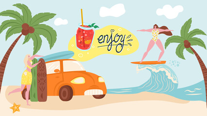 Enjoy summer vacation on sea beach, holiday and travel banner vector illustration. Beach with palms and girls surfing in ocean, summer coctail and sand coast, tropical island vacation, tourism concept