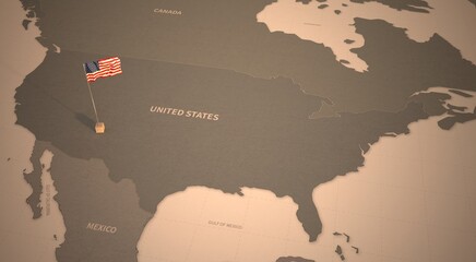 Flag on the map of US. united states map.
Vintage Map and Flag of North America Countries Series 3D Rendering