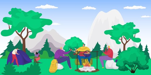 Forest picnic with campfire, people eating on nature on vacation, tourism in summer, hiking with tent in mountains flat vector illustration. Hiking and camping recreation, camp picnic in forest.