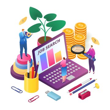 Job search, best candidate for career, recruitment process, hr managers searching new employee, isometric vector illustration. Human resource management, recuiting and hiring for job.