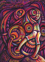 Art surreal human and skull. Hand painting on paper.