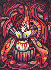 Art surreal human and skull.Hand painting on paper.