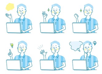 パソコンで仕事するシニア男性の表情セット