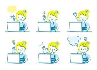 パソコンで勉強する女の子の表情セット	
