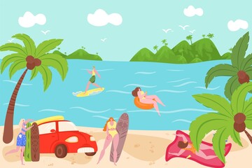 Fototapeta na wymiar Swimming people in summer outdoors in swimwear swim together and rubber ring floating in sea water vector illustration. Beach seaside swim vacation poster. Sea vacation resort and leisure, fun.