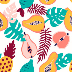 Abstract tropical fruits pattern. Exotic seamless pattern with pineapple, lemon, pear, Apple, papaya and palm leaves. Vector illustration in hand drawn style. Bright ornament for textile and wrapping.