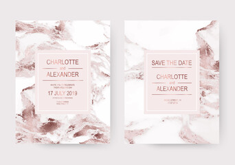 Chic marble wedding design invitation cards with rose gold waves.