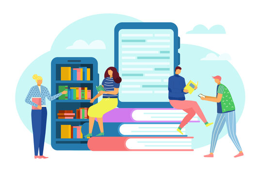 Digital Library Concept, Internet Education And Study, E-books Technology Vector Flat Illustration. Electronic Books With Micro People And Literature, Digital Library In Tablet, Studying Ebook Media.