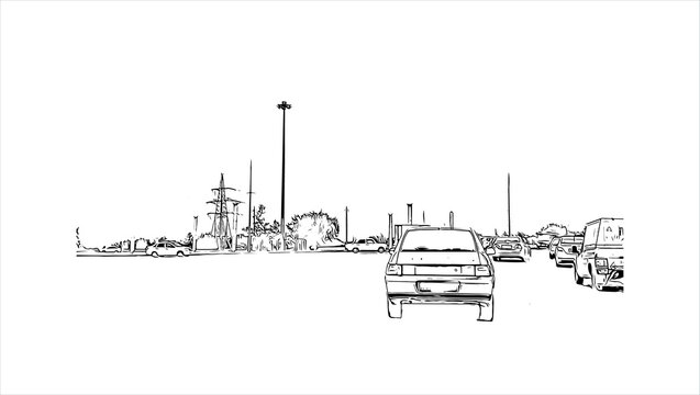 Building view with landmark of Aktobe is a city on the Ilek River in Kazakhstan. Hand drawn sketch illustration in vector.