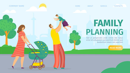 Family planning and development landing web page, vector illustration. Mother, father, baby in pram and kids. Man and woman health, marriage and children planning services for couple.