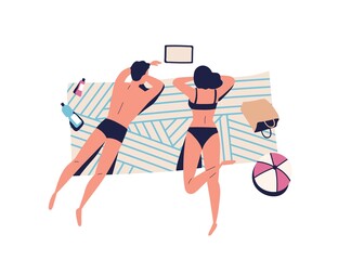 Relaxing people, sunbathing couple on beach blanket. Woman, man watching movie, video on tablet, spend time together. Summer vacation, lounge. Cartoon flat illustration isolated on white background