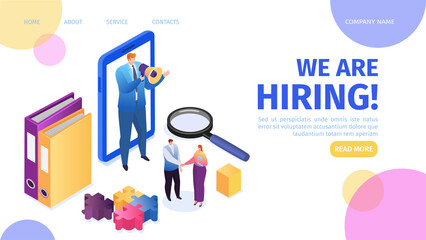 Hiring, recruitment, career and job employment landing page vector illustration. Job interview, recruitment agency, hr manager standing with megaphone to hire candidates employees.