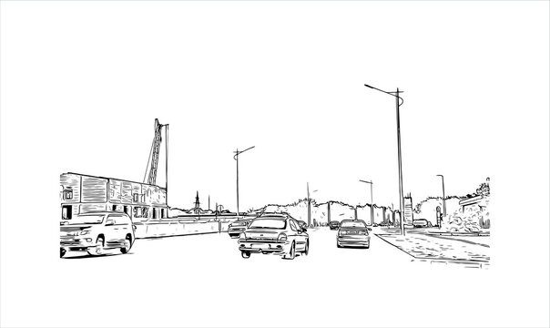 Building view with landmark of Aktobe is a city on the Ilek River in Kazakhstan. Hand drawn sketch illustration in vector.