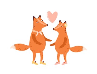 Couple of cute scandinavian foxes in love, heart above. Childish cartoon animals. 14 february, valentines day decorative element. T shirt print. Flat vector illustration isolated on white background