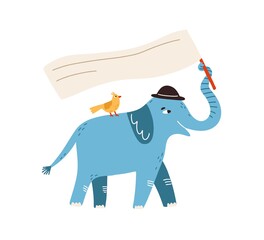 Funny protesting elephant with bird holding flag, banner, card with place for text in trunk. Childish poster, hand drawn announcement. Flat vector cartoon illustration isolated on white background