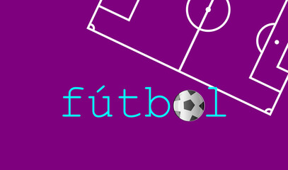 Soccer in Spanish. Playing field. A football ball. Digital drawing relating to the game, betting and competition. White lines that delimit the areas, zones and regulations of this sport.