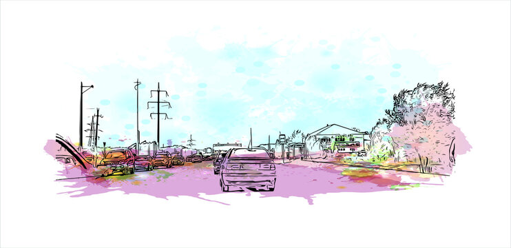 Building view with landmark of Aktobe is a city on the Ilek River in Kazakhstan. Watercolor splash with  hand drawn sketch illustration in vector.