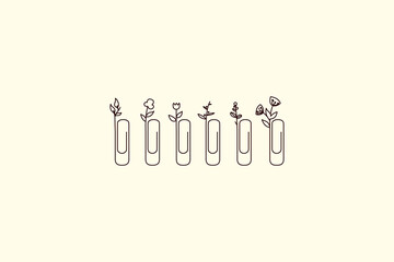 Vector illustration of beautiful paper clips. Refined logo. Paper clips decorated with plants, flowers, leaves, buds. Delicate original icons.