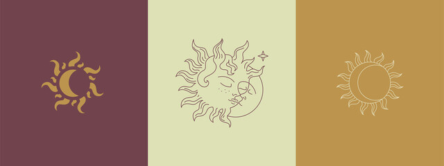 Delicate and natural logos depicting the sun and the moon. Vector illustration for female business. Warm linear illustration, the sleeping sun hugs the moon. Logo for a beauty salon or cosmetics store