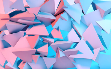 Abstract background with 3D shapes flying in pink and blue light as a messy array or chaotic structure for any pastel backdrop