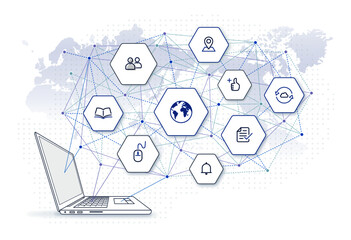 online education network illustration: online learning class, education icons,  e business platform, laptop computer side view, global network on world map background